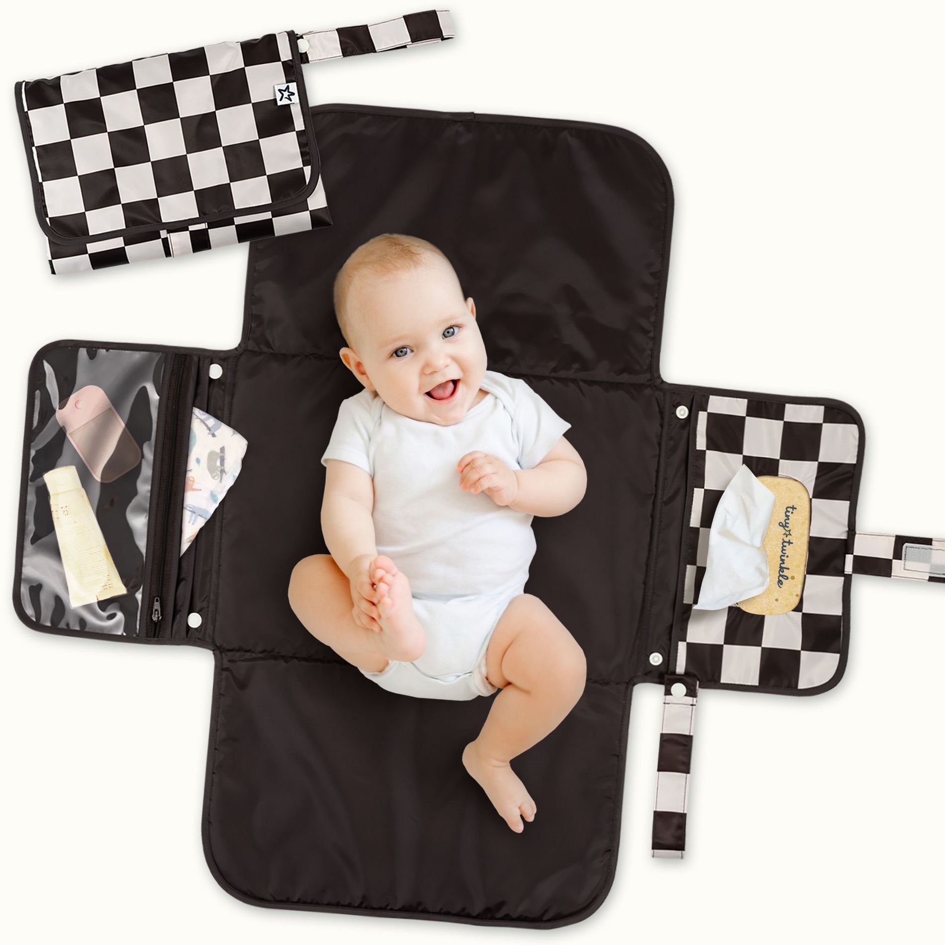 Tiny Twinkle Portable/Foldable Waterproof Diaper Changing Pad with Smart Wipes Pocket (Black Checkers)