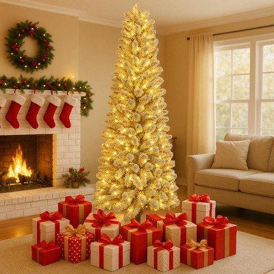 HOMDOX 6ft Pre-Lit Flocked Artificial Pencil Christmas Tree, Premium Hinged Pine Slim Holiday Tree w/ 500 Dense Branch Tips, 250 Warm Lights, Base