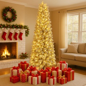 HOMDOX 6ft Pre-Lit Flocked Artificial Pencil Christmas Tree, Premium Hinged Pine Slim Holiday Tree w/ 500 Dense Branch Tips, 250 Warm Lights, Base - 1 of 4