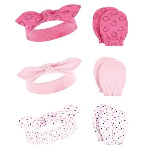 Hudson Baby Infant Girls Cotton Headband and Scratch Mitten 6pc Set, Navy Hearts, 0-6 Months - 1 of 2