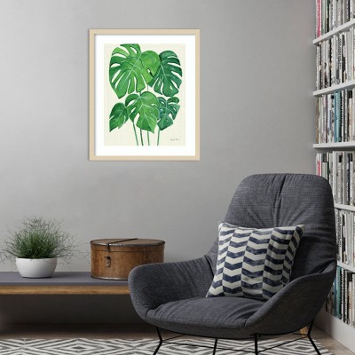 Tropical Green Monstera Leaves Watercolor Wood Framed Print, 21 x 25