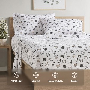 3 Pcs Novelty Printed 100% Cotton Sheet Set, Breathable & Extra Soft Deep Pocket Fitted Sheets for All Seasons, Heavyweight Bedding with Pillow Cases - 1 of 4