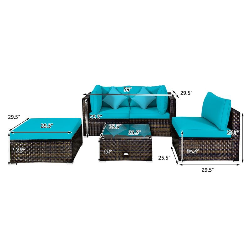 Costway 5PCS Outdoor Patio Rattan Furniture Set Sectional Conversation Turquoise\Navy\Black Cushion, 4 of 11