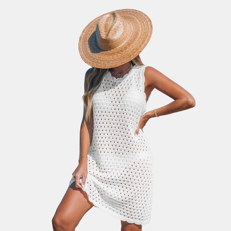 Women's White Round Neck Sleeveless Cutout Knit Cover-Up - Cupshe, 1 of 8