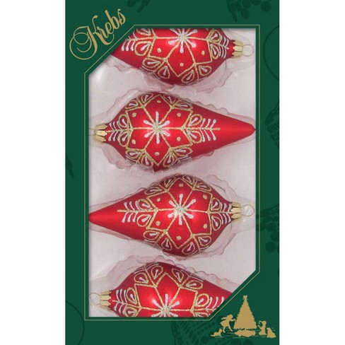 Set Of 4 Red Velvet Glass Ornaments With Starbursts And Stripes