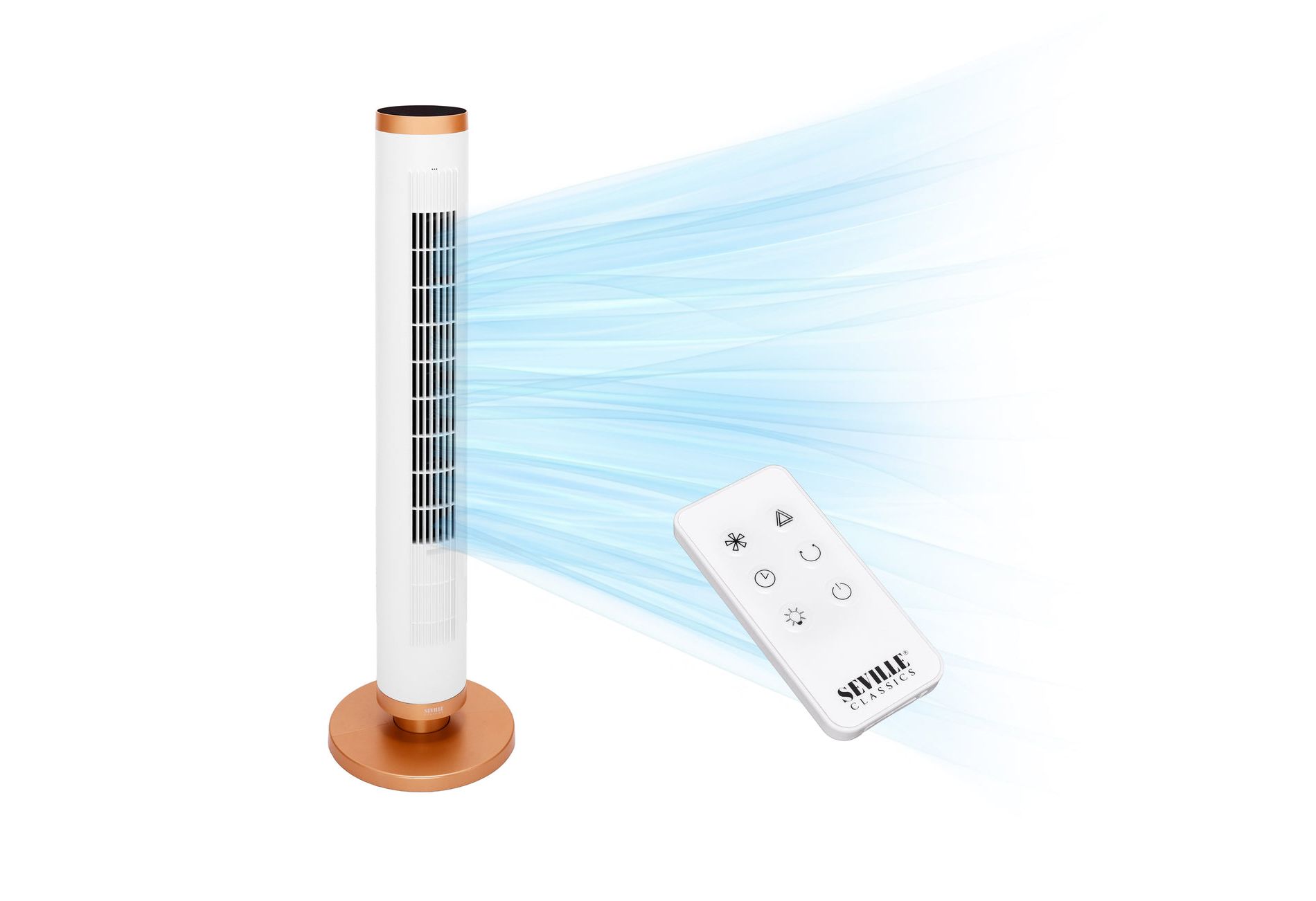 Seville Classics UltraSlimLine 9 Speed Oscillating Digital Tower Fan with Night Light and Remote Control, 11" W x 11" D x 37.8" H, White/Satin Copper