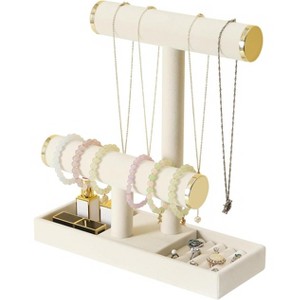 2-Tier Jewelry Display Stand with Tray, Organizer for Necklaces, Bracelets, Watches & Hair Ties, Beige - 1 of 4