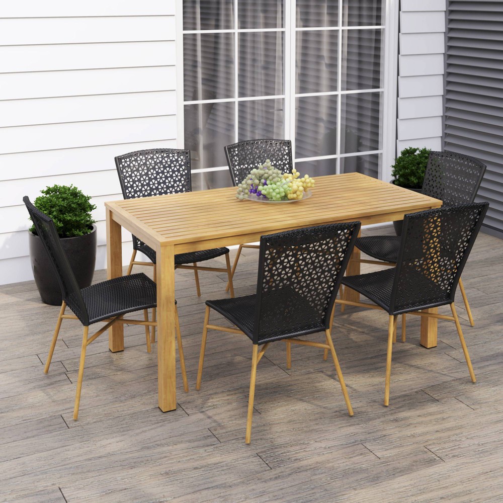 7pc Outdoor Dining Set with 60 Rectangular Table & Wicker Chairs Black TK Classics