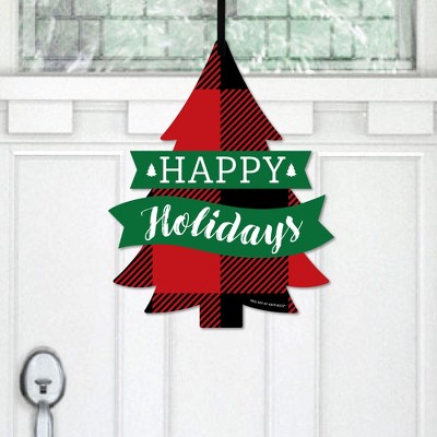 Big Dot of Happiness Holiday Plaid Trees - Hanging Porch Buffalo Plaid Christmas Party Outdoor Decorations - Front Door Decor - 1 Piece Sign