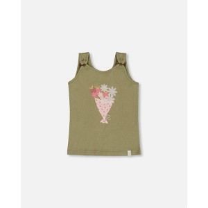 Deux par Deux Girl Crinkle Jersey Tank Top Floral Olive Green - 2 Years - 1 of 4