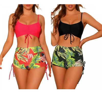 INSPIRE CHIC Women's Drawstring Push-Up Top Tropical Print High Waist Shorts Swimwear Bathing Suits 2 Sets