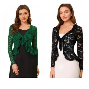 Allegra K Women's Tie Front Ruffled Hem Floral Lace Sheer Crop Bolero Shrug 2 Packs - 1 of 4