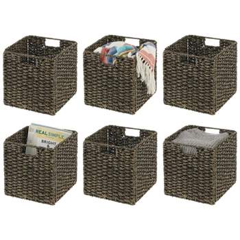 mDesign Seagrass Woven Cube Bin Basket Organizer, Handles, 6 Pack, Black Wash