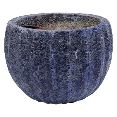 Sunnydaze Fluted Lava Finish Ceramic Planter - Dark Blue - 13.5" Round