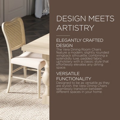 Antiqued White Upholstered Cane Back Wooden Side Chair, Set of 2
