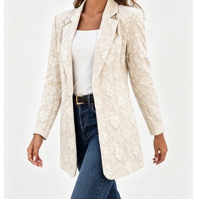 Женские куртки YesFashion Women's Floral Embroidery Open Blazer Lapel Collar Single Button Long Sleeve Relaxed Casual Outerwear Jacket,khaki,xl — фото 4