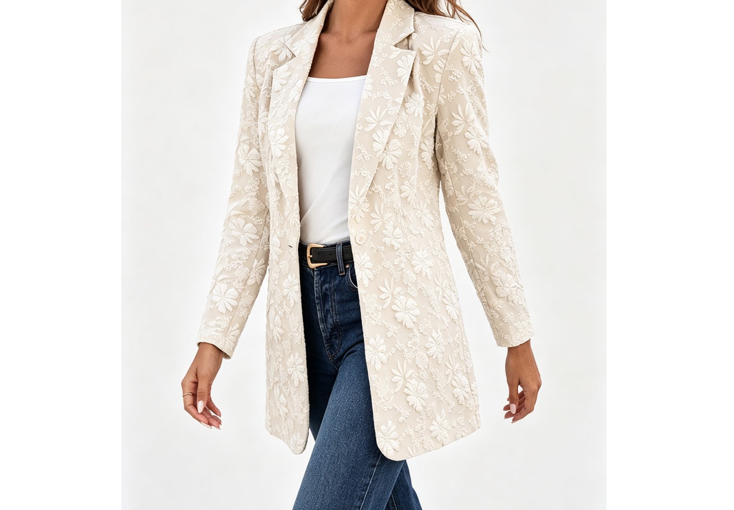 Женская куртка YesFashion Floral Embroidery Open Blazer Lapel Collar Single Button Long Sleeve Relaxed Casual Outerwear Jacket, khaki, цвет: С принтом — фото 4