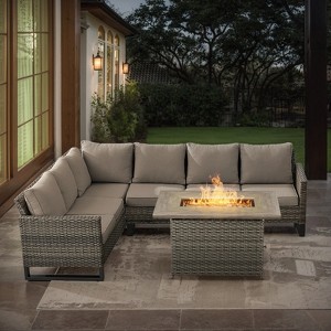 POCASSY All Weather Gray Wicker Outdoor Sectional Sofa with Fire Pit Table, 4PCS Patio Furniture Set with 41" Propane Firepit Table for Outside - 1 of 4