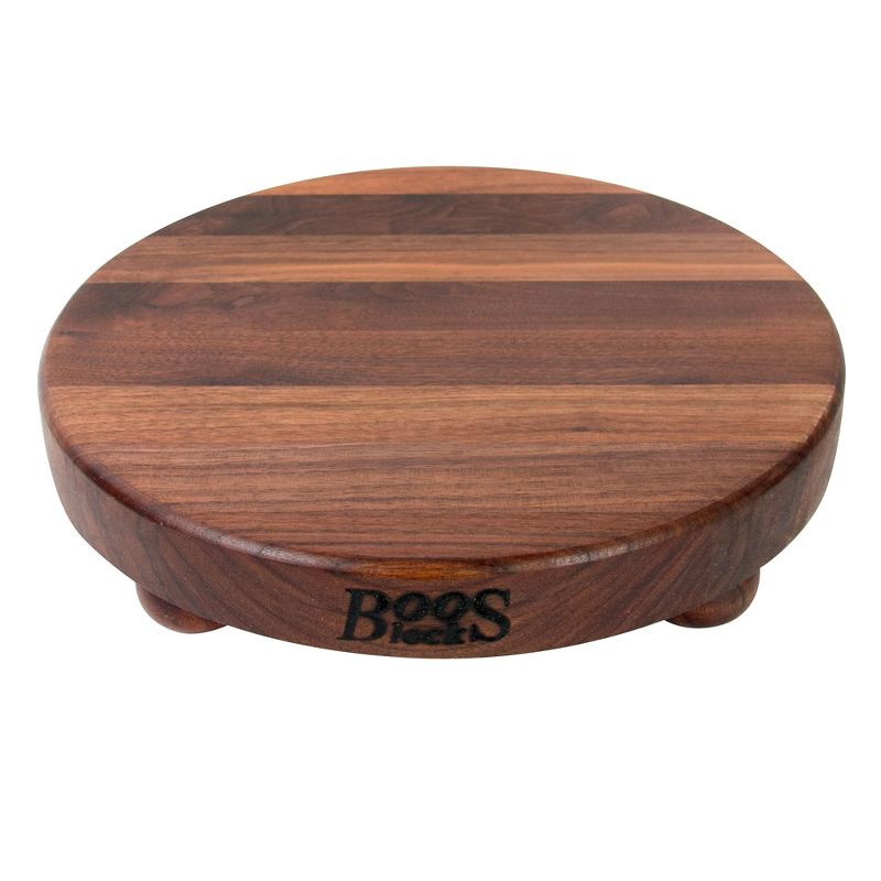 John Boos Walnut Wood Cutting Board for Kitchen Prep, 12 Inch in Diameter, 1.5 Inch Thick Edge Grain Round Charcuterie Boos Block with Wooden Bun Feet, 1 of 8