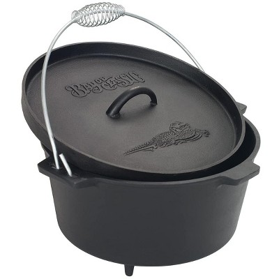 Bayou Classic Pre-Seasoned Cast Iron Dutch Oven w/ Feet Features Flanged Camp Lid Stainless Coil Wire Handle Grip, 8-qt Perfect