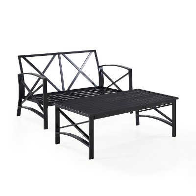 Kaplan 2-Piece Outdoor Steel Loveseat and Coffee Table Set with Green Cushions