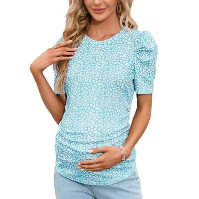 Women's Floral Puff Sleeve Ruched Side Tunic Blouses Shirts
