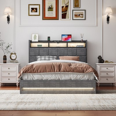 VECELO Queen Size Upholstered Storage Bed, Metal Frame Platform Bed with Lighted Headboard, USB Ports and Shelves, Gray