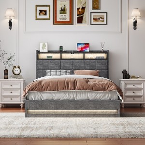 VECELO Full/Queen Size Upholstered Storage Bed, Metal Frame Platform Bed with Lighted Headboard, USB Ports and Shelves, Gray - 1 of 4