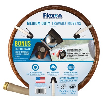 Flexon 5/8" x 50ft Medium Duty Garden Hose with 8 Pattern Spray Nozzle