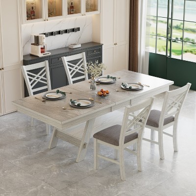VECELO Rustic 5-Piece Extendable Dining Table Set, Rubber Wood Table with 4 Armless Upholstered Dining Chairs for Kitchen, Gray