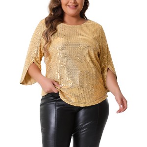 Agnes Orinda Women's Plus Size Christmas Parties Glitter Sequin 3/4 Slit Sleeve Crew Neck Blouse - 1 of 4