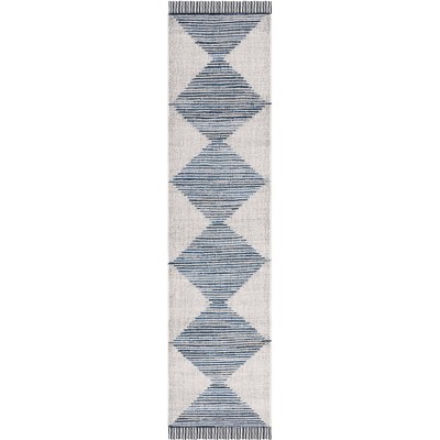 Ivory and Blue Wool Cotton Flat Woven Runner Rug