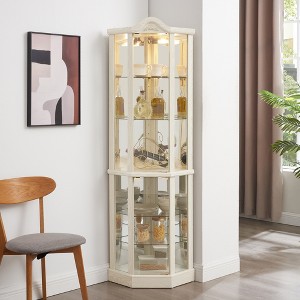 Lighted Corner Curio Cabinet with Adjustable Glass Shelves, Carved Cherry Detailing & LED Lighting, Elegant Wine & Collectibles Display for Home - 1 of 4