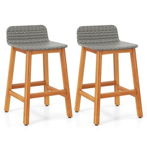 Tangkula Solid Acacia Wood Bar Stools Set of 2 Rattan Bar Height Patio Chairs for Porch - 1 of 4
