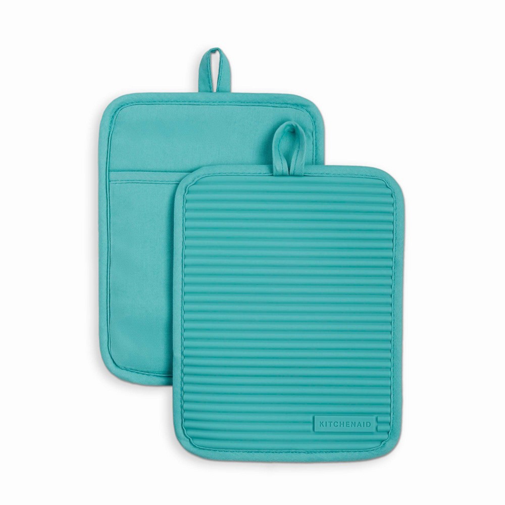 Photos - Potholder / Apron KitchenAid 2pk Silicone Ribbed Pot Holders Blue 