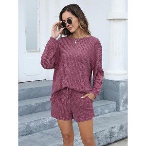 WhizMax Pajama Set for Women Knit Lounge Sets Long Sleeve Top and Shorts Matching Loungewear - 1 of 4