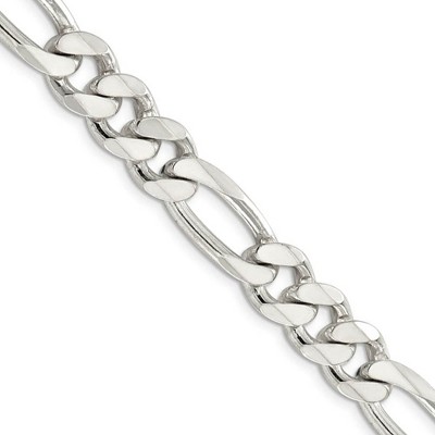 Black Bow Jewelry Men's 10.5mm, Sterling Silver Pave Flat Figaro Chain Necklace