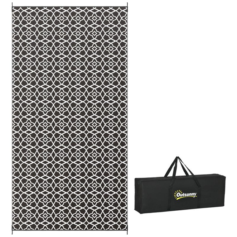 Outsunny RV Mat, Outdoor Patio Rug / Large Camping Carpet with Carrying Bag, 9' x 18', Waterproof Plastic Straw, Reversible, Black & White Clover, 1 of 7