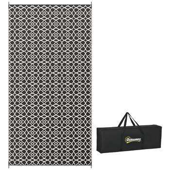 Outsunny RV Mat, Outdoor Patio Rug / Large Camping Carpet with Carrying Bag, 9' x 18', Waterproof Plastic Straw, Reversible, Black & White Clover