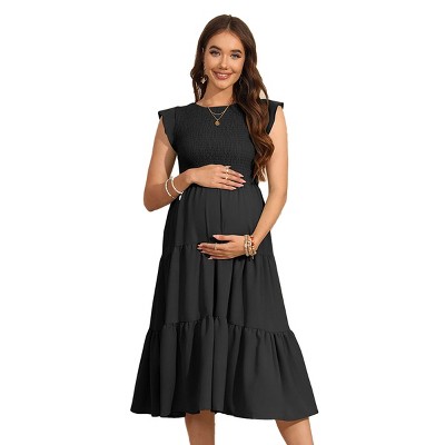 Summer Maternity Dress Ruffle Tiered Dress Smocked Shirred Midi Dress with Mini Cap Sleeve Round Neck Flowy Dress for Baby Shower Photography