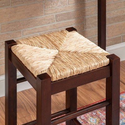 Espresso Brown Wood Counter Height Table Set with Rush Seat Stools