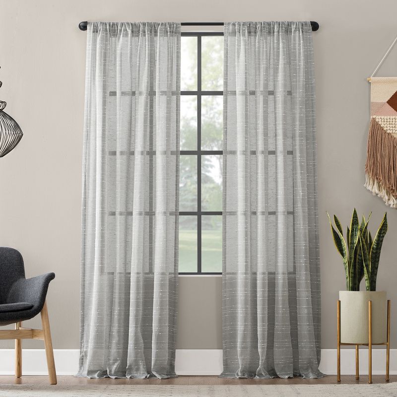 Clean Window Sheer Textured Slub Striped Anti-Dust Linen Blend Curtain Panel, 1 of 10