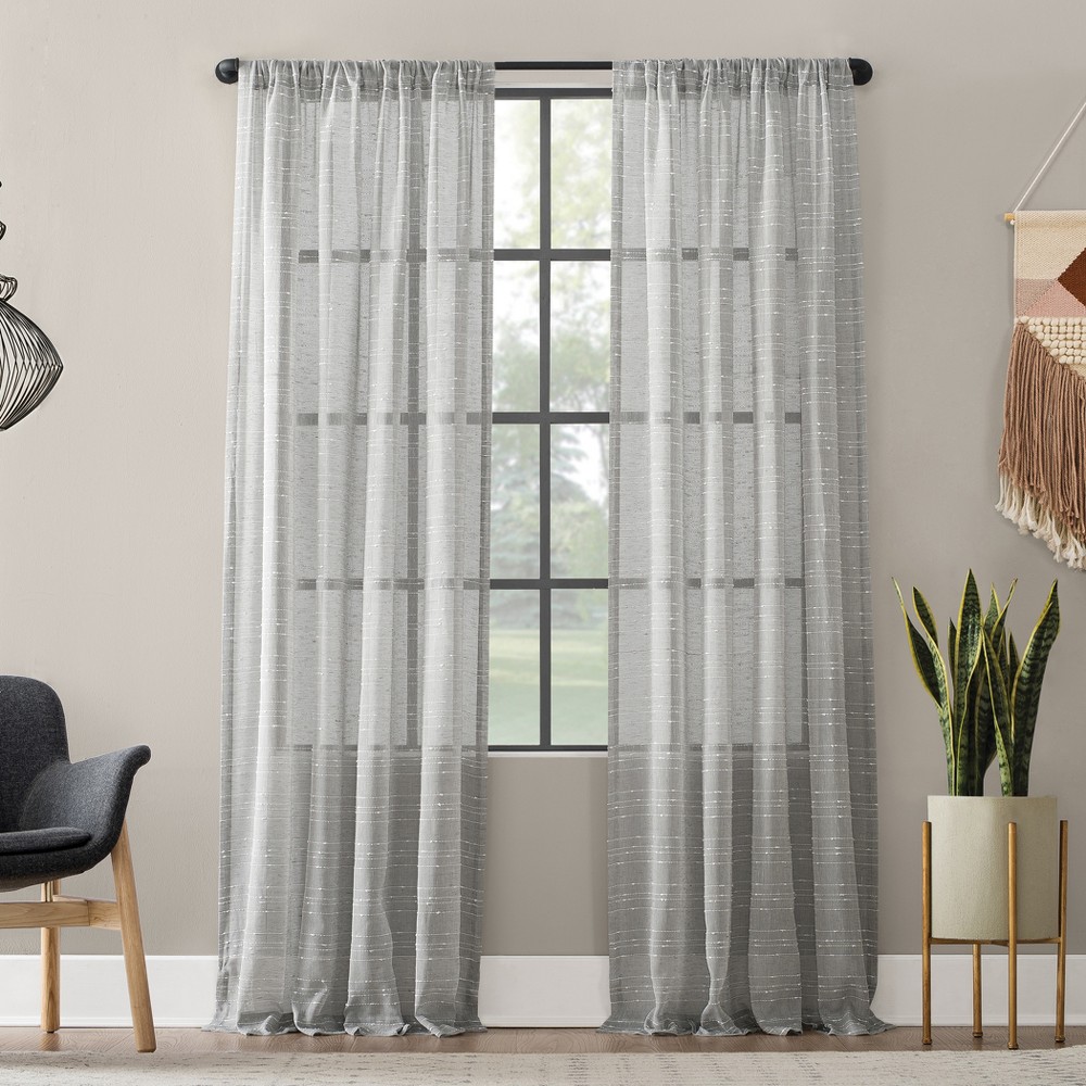 Photos - Curtain Rod / Track 52"x84" Clean Window Sheer Textured Slub Striped Anti-Dust Linen Blend Curtain Panel Gray: Modern Light Filtering