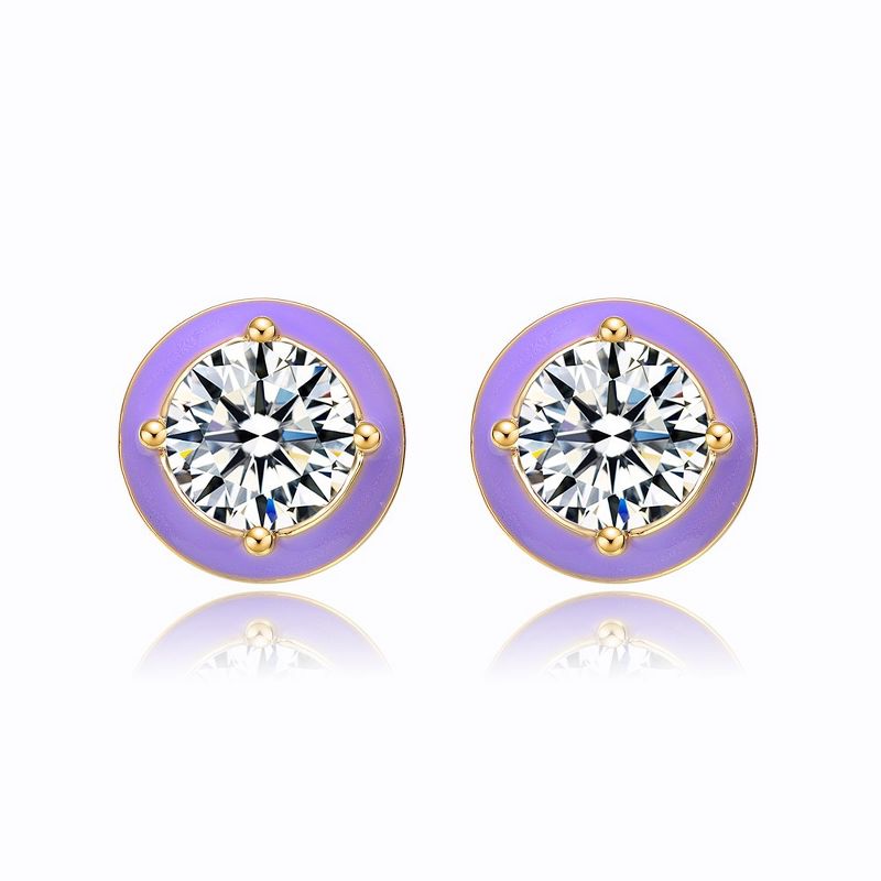 Young Adults/Teens 14k Yellow Gold Plated with Clear Cubic Zirconia Purple Enamel Round Halo Stud Earrings, 1 of 4