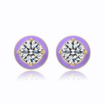 Young Adults/Teens 14k Yellow Gold Plated with Clear Cubic Zirconia Purple Enamel Round Halo Stud Earrings