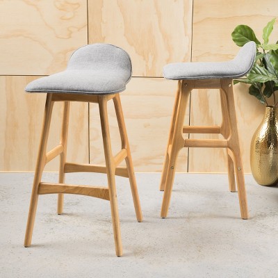 Set of 2 28.5" Mid-Century Modern Upholstered Low Back Barstools, Light Gray, Natural Walnut Finish-Christopher Knight Home
