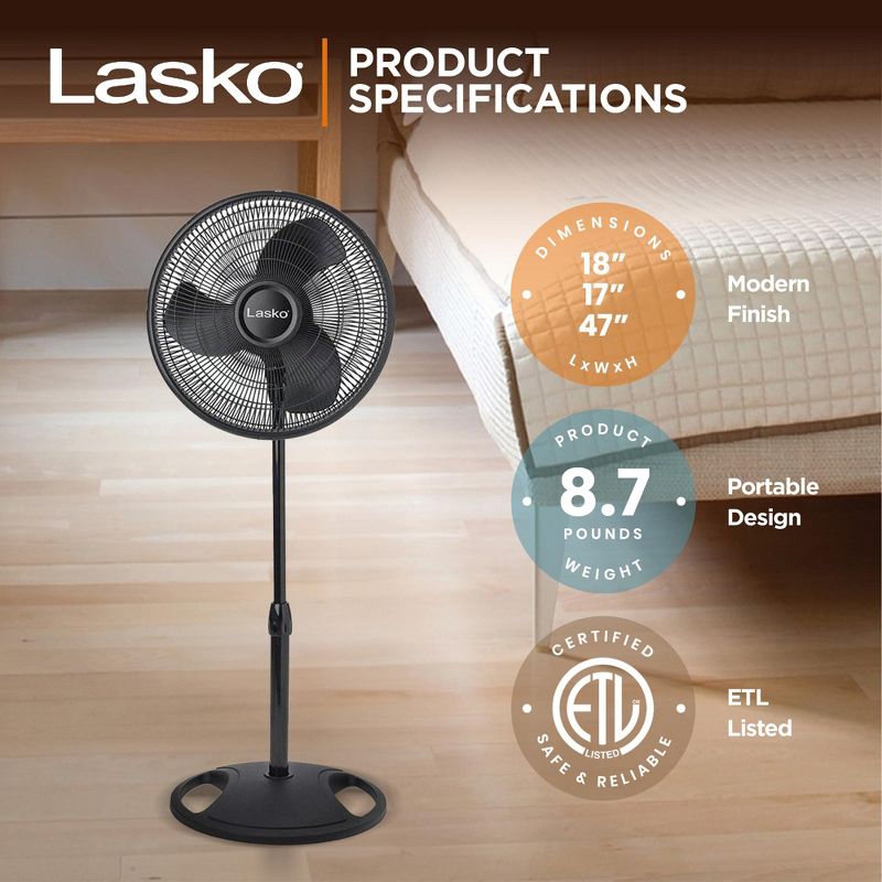 Lasko 16-inch 3-Speed Oscillating Floor Fan with Adjustable Height, Tilt-Back Head, Widespread Oscillation, and Patented Blue Plug Safety Fuse, Black, 3 of 7