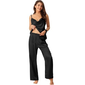 cheibear Women's Satin Cowl Neck Cami Top with Long Pant PJ Loungewear Silky Pajama Set - 1 of 4
