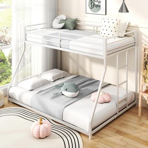 ZevemomoTwin Over Full Bunk Bed, Metal Low Profile Bunkbeds with Full-Length Guardrail and Ladder, Space Saving, No Boxing Spring Needed, White - 1 of 4