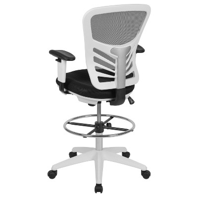 ErgoFlex Black Mesh Drafting Chair with Adjustable Arms and White Frame